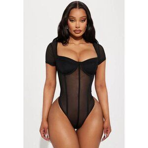 Fashion Nova Women's Mesh Bodysuit Sz M Black Sheer Underwire Short Sleeve